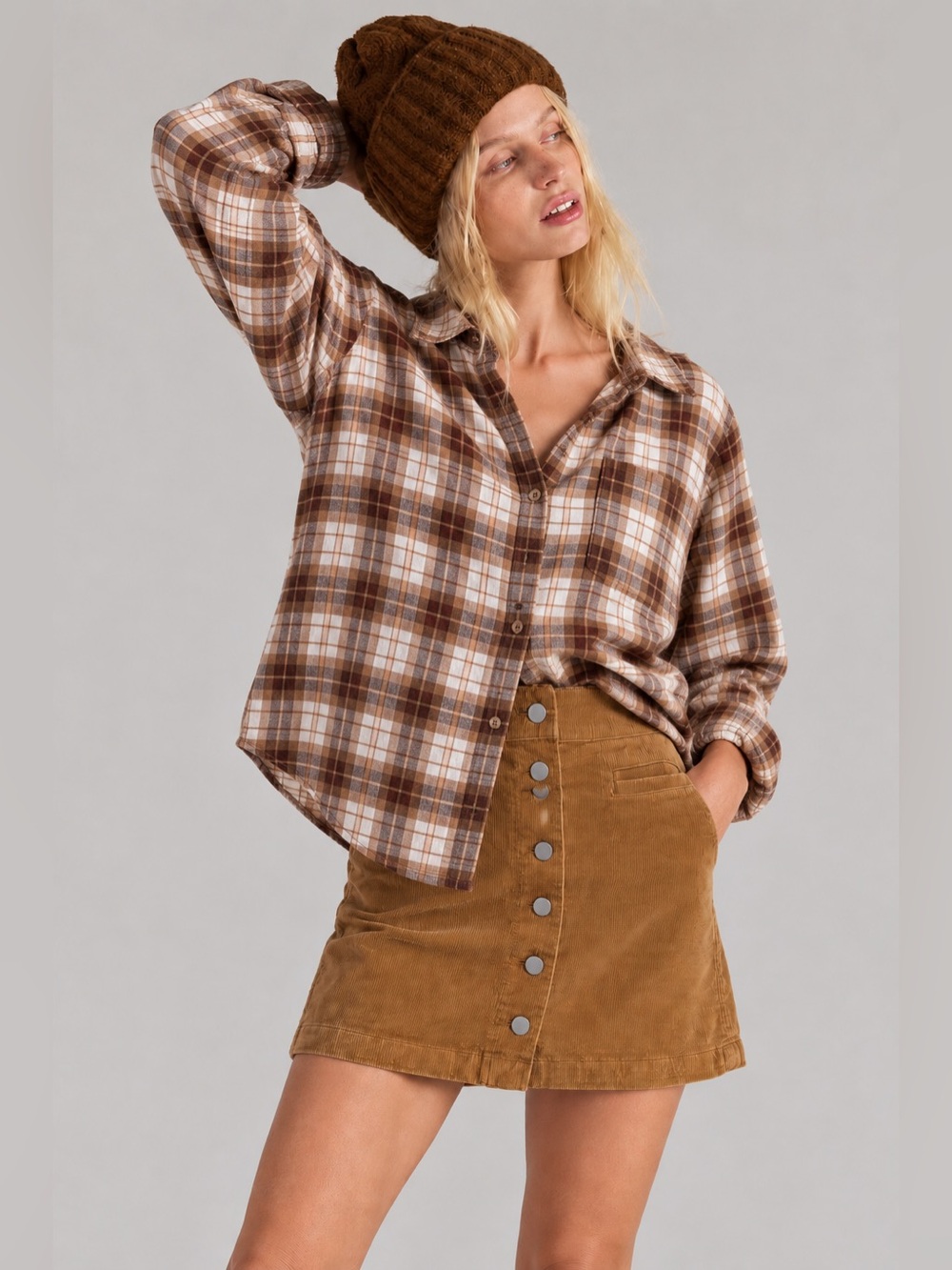 American Eagle Brown Plaid Button-Up Shirt - Women's Relaxed Flannel oversized